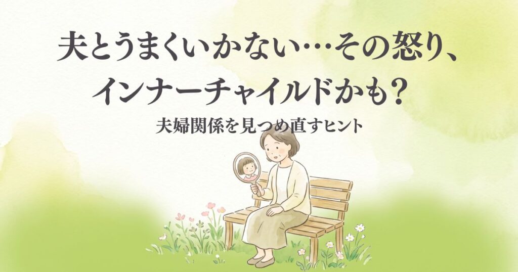 庭のベンチに座った女性が手鏡をのぞくと、子どもの頃の自分の笑顔が映っているイラスト