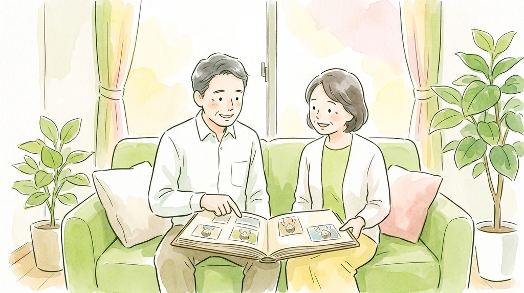 ソファに並んで座った夫婦が、子どもの頃の写真が貼られた古いアルバムを一緒に見ているイラスト