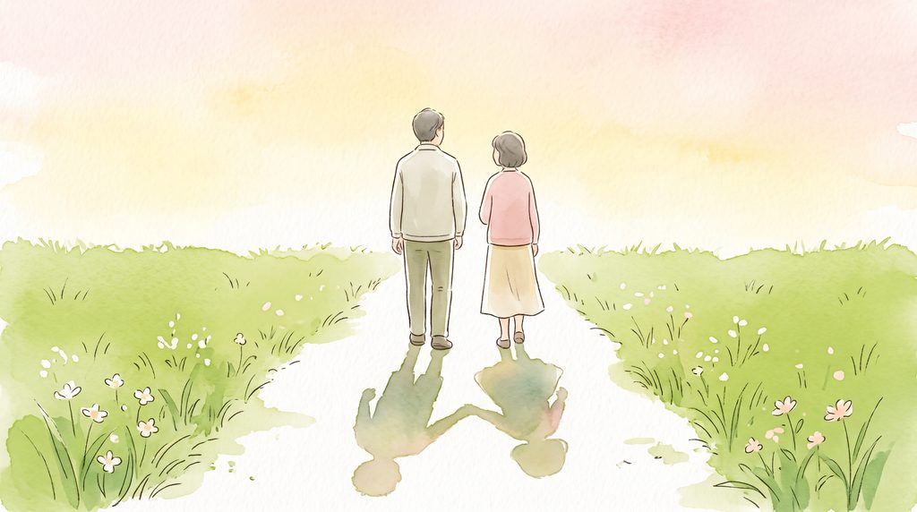夕暮れの道を並んで歩く夫婦の影が、子どもの頃の二人の姿になって伸びているイラスト