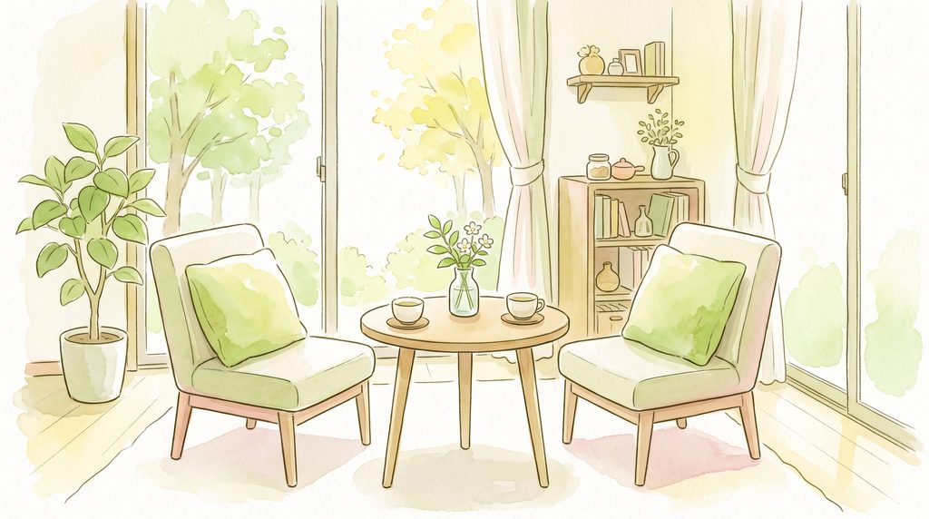 小さな花が飾られた明るい部屋に、向かい合って置かれた2脚の椅子のイラスト