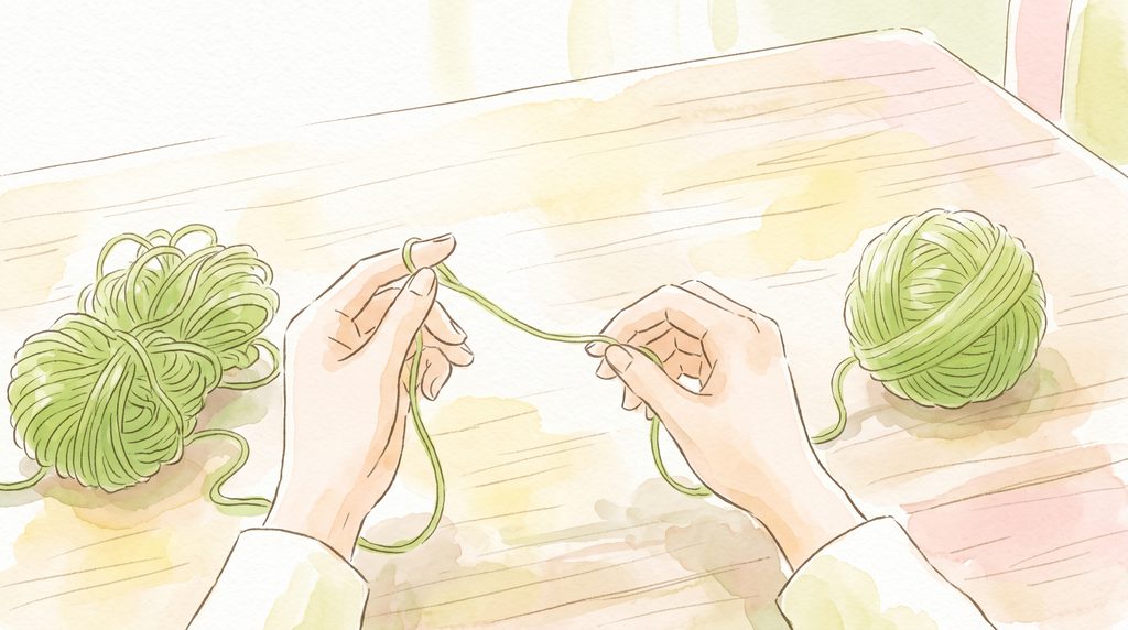 女性の手が、絡まった毛糸をゆっくりとほどいているイラスト