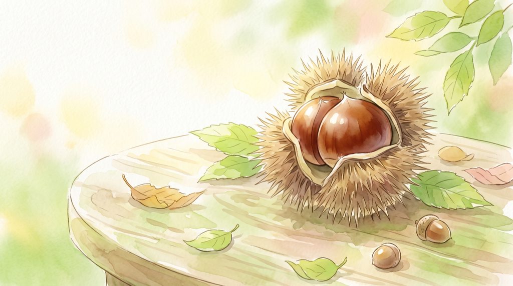 とげとげのいがが少し開き、中からつやつやの栗がのぞいているイラスト