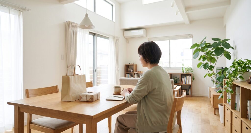 義実家への手土産を前に、ひと息つく50代の女性
