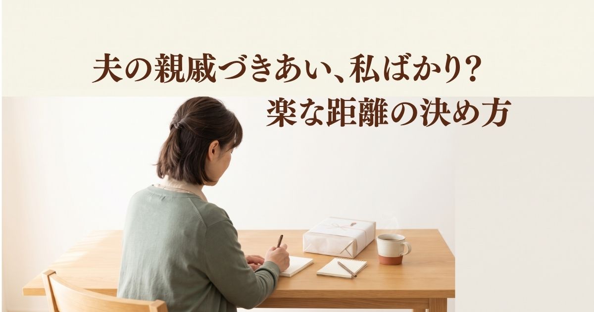 夫の親戚づきあいが妻任せで疲れた50代の女性が、贈り物の箱とメモ帳を前に、楽な距離を考えている様子
